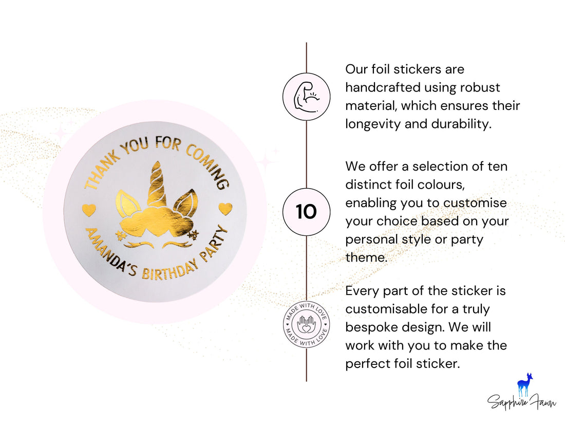 Personalised Unicorn Birthday Party Foil Stickers/Custom Party Labels/Birthday Party Favours/Birthday Party Decoration/Party Bag Stickers