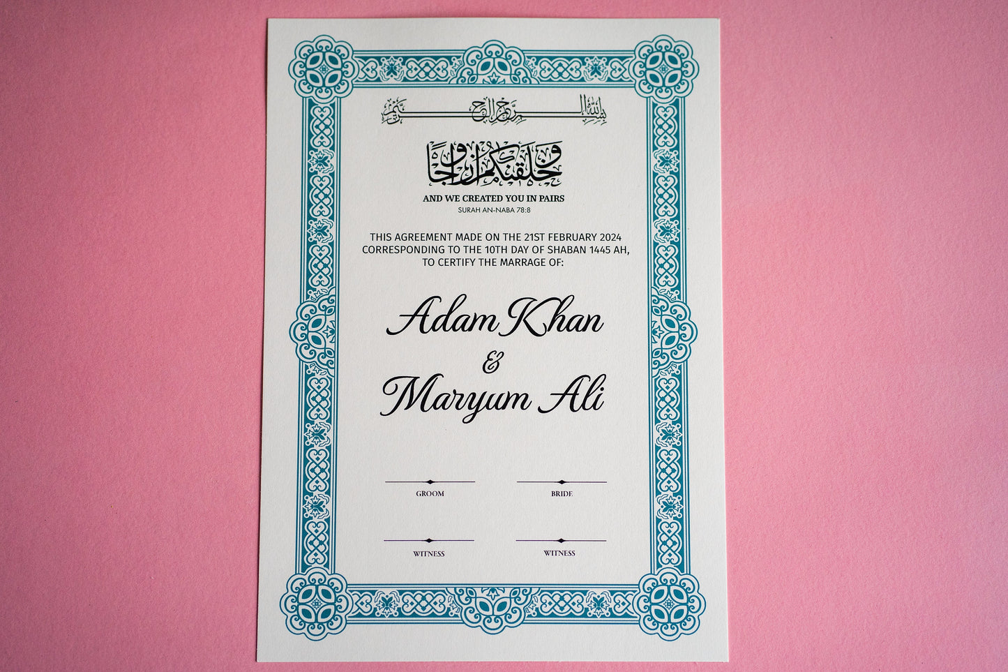 Custom Foil A4 Nikkah Certificate