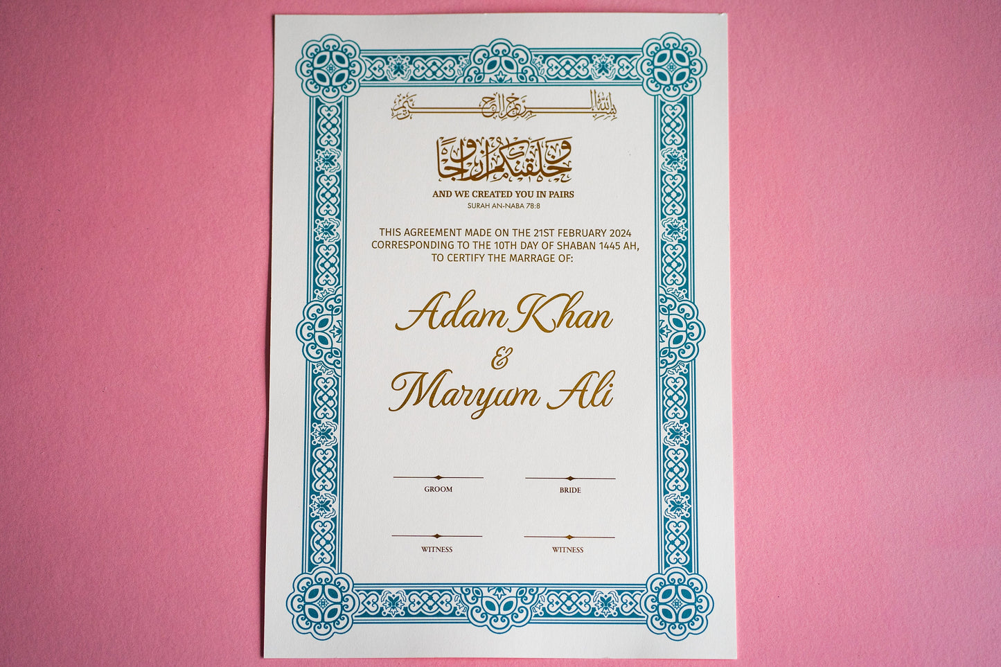 Custom Foil A4 Nikkah Certificate