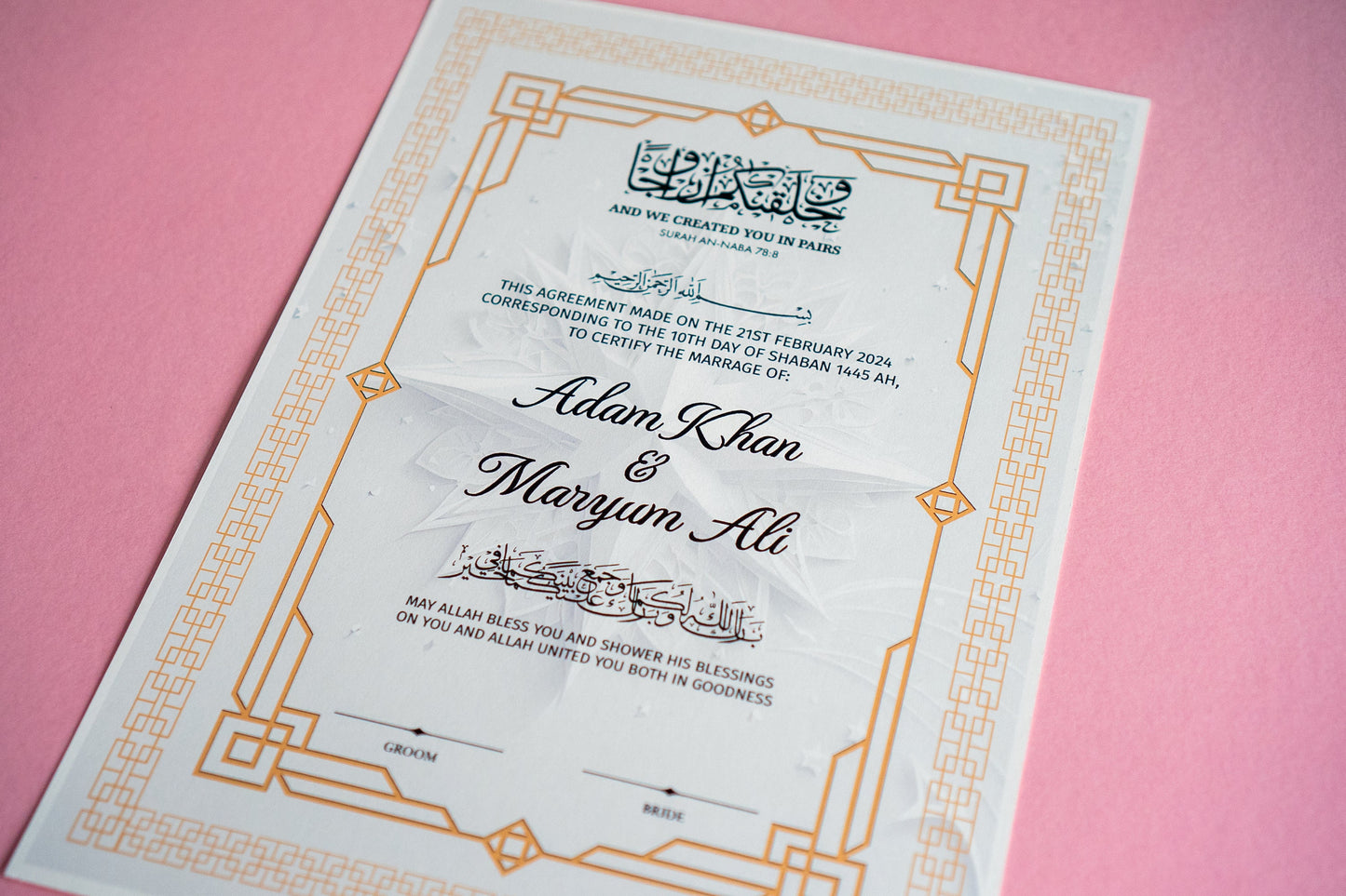 Personalised Foil Nikkah Wedding Certificate