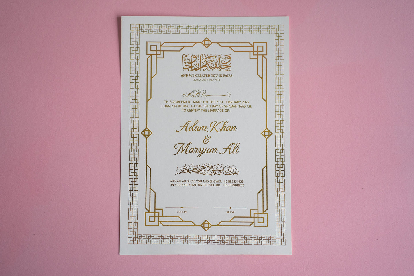 Personalised Foil Nikkah Wedding Certificate