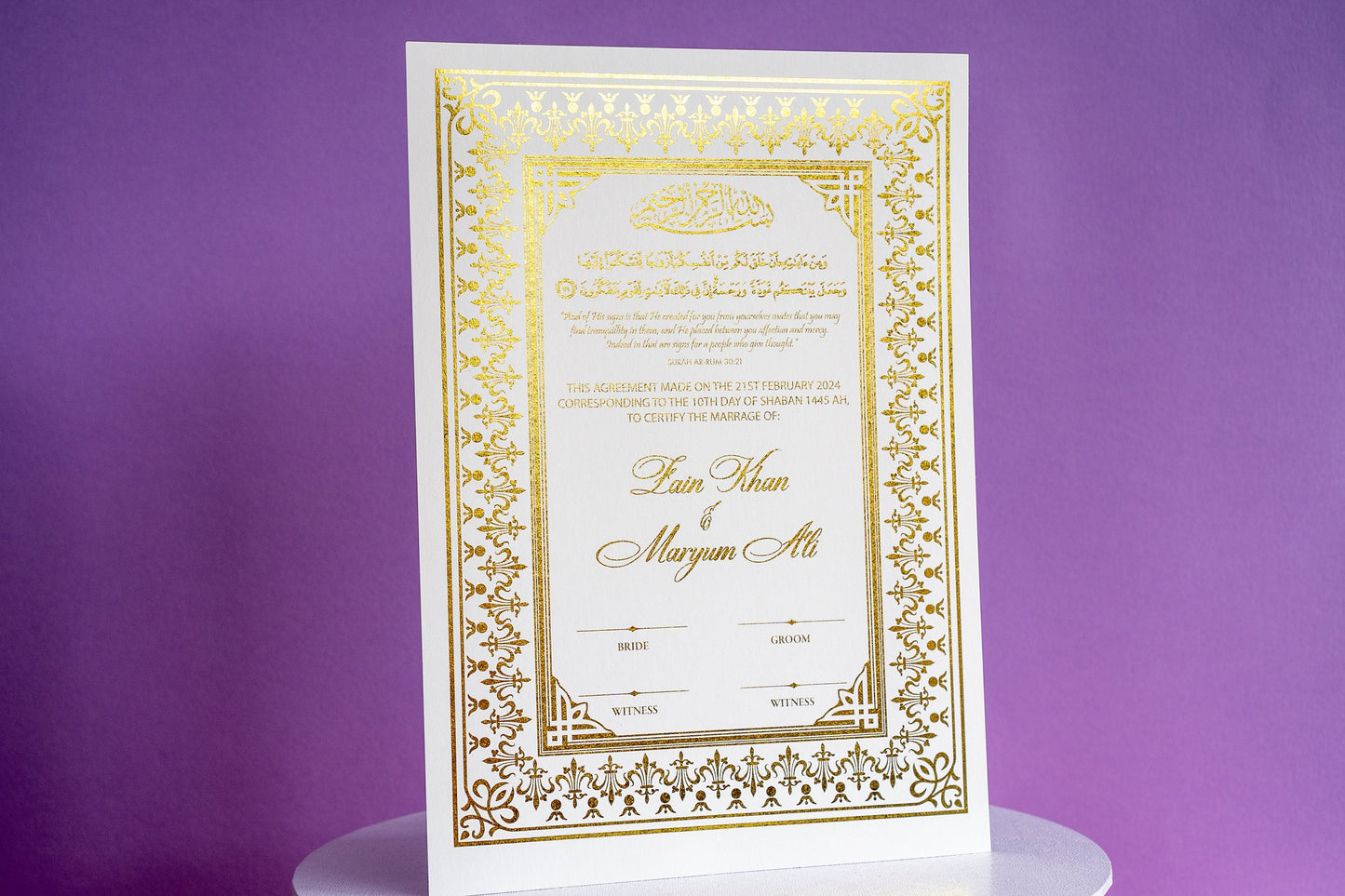 Custom Gold Foil Nikkah Wedding Certificate