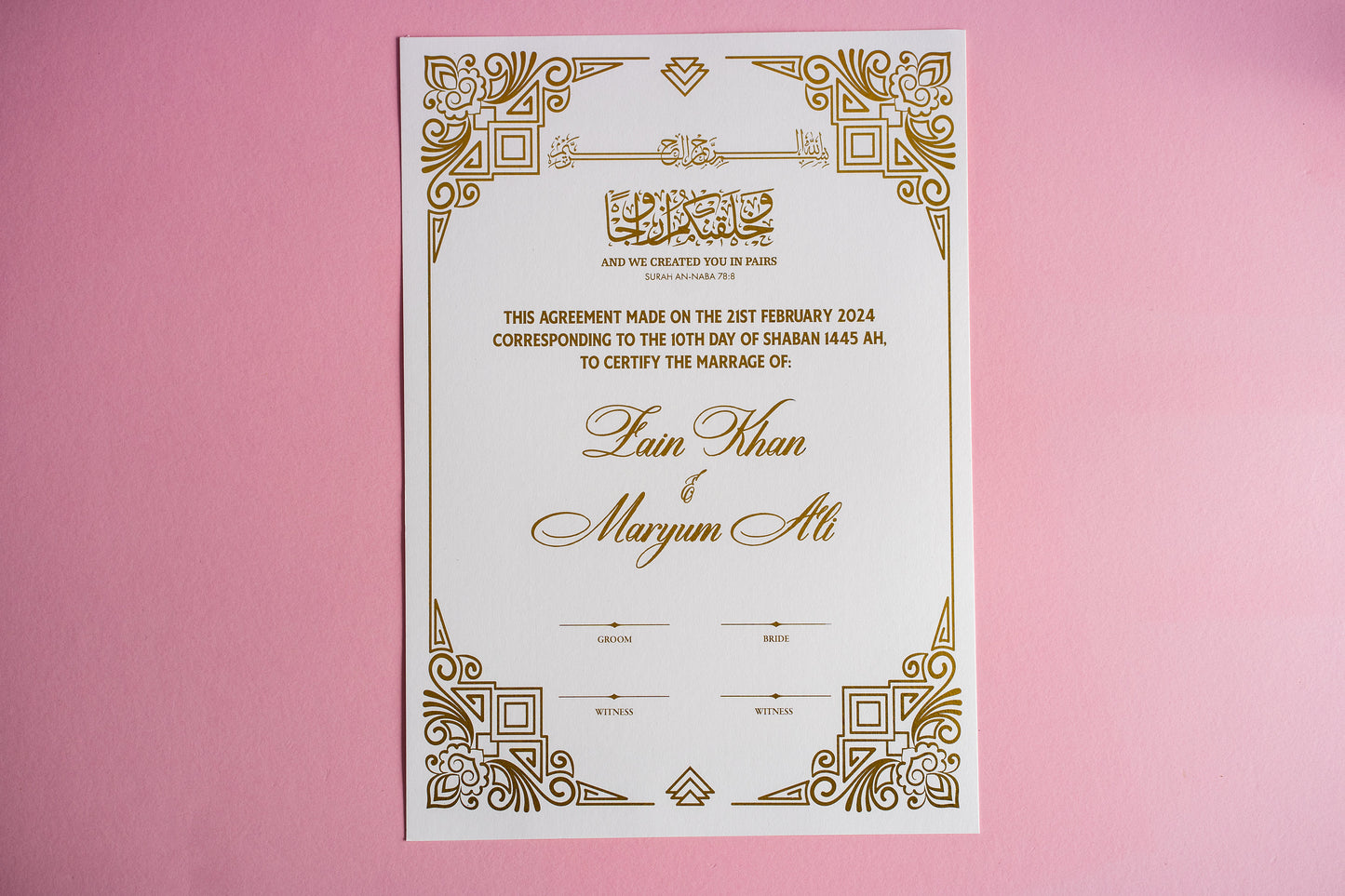 Gold Foil Nikkah Wedding Certificate