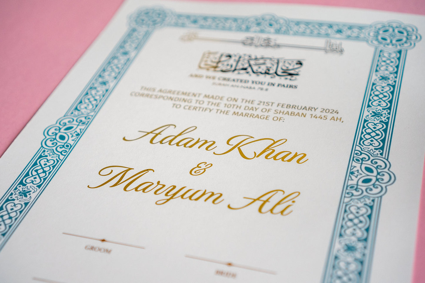 Custom Foil A4 Nikkah Certificate