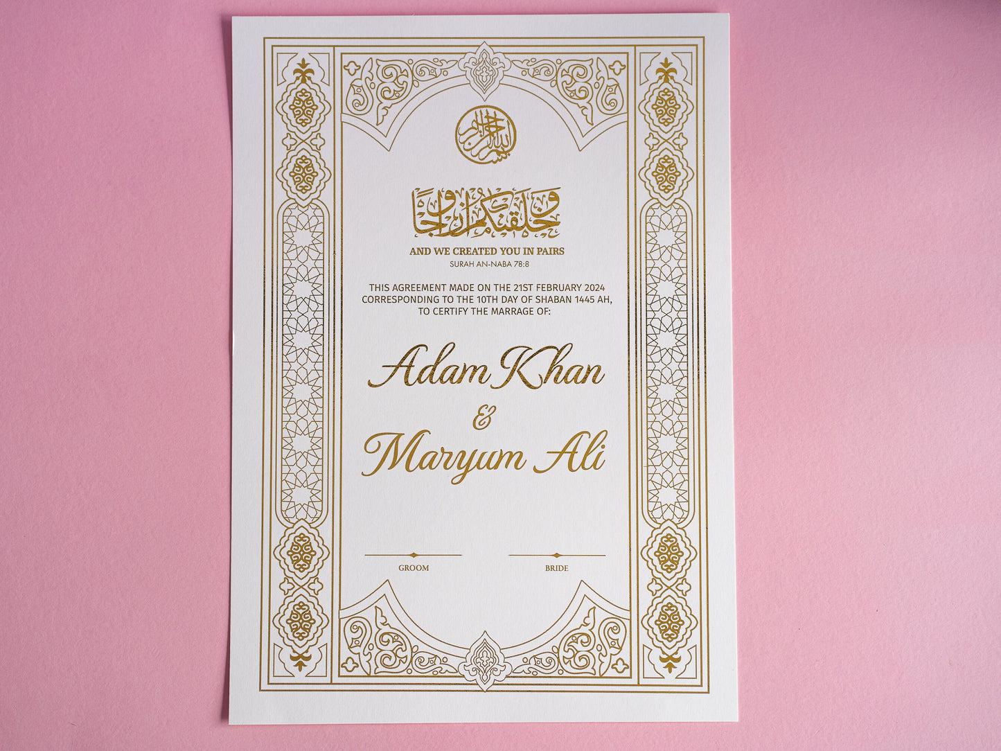 Luxury Gold Foiled Nikkah Wedding Certificate