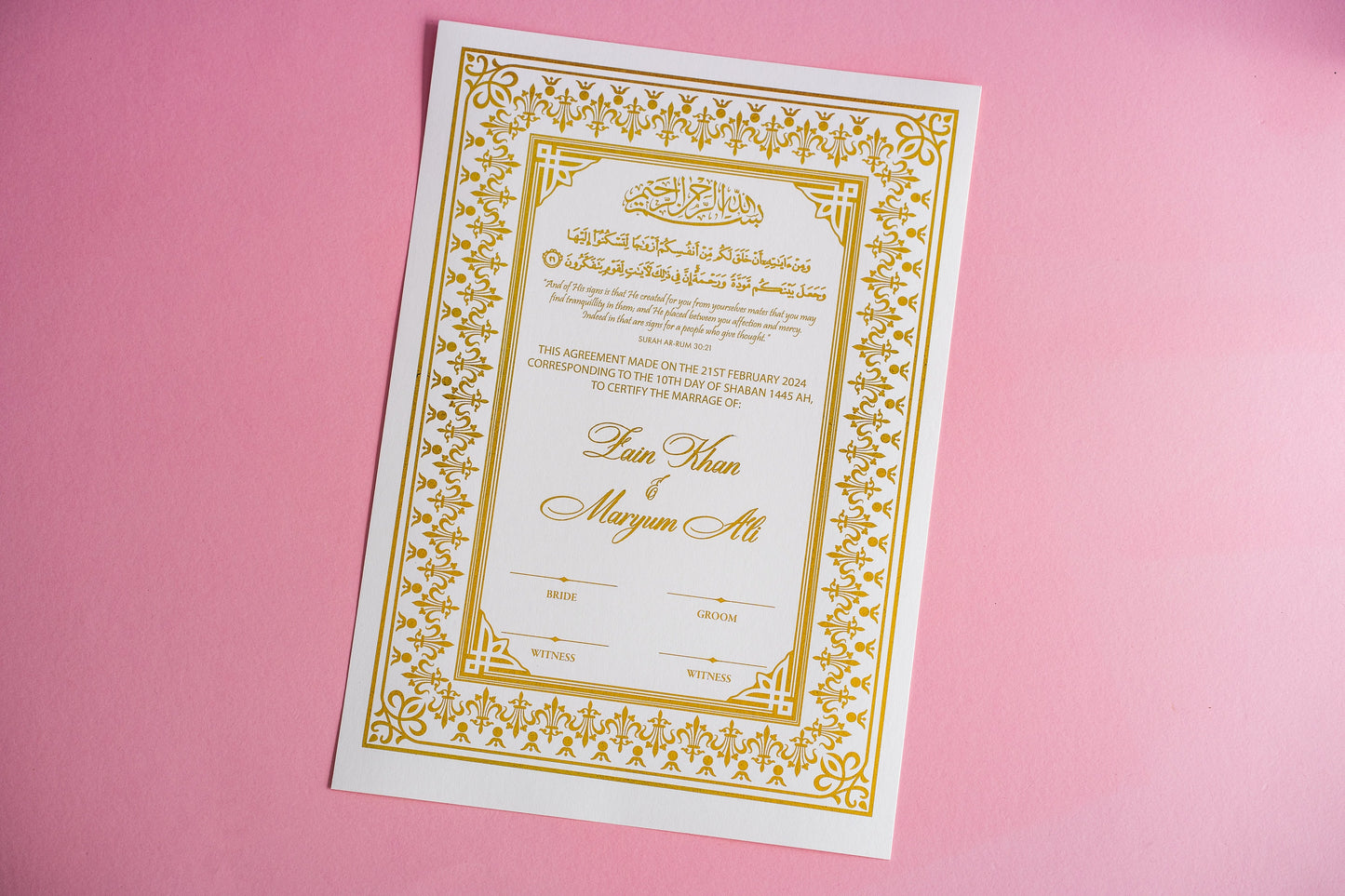 Custom Gold Foil Nikkah Wedding Certificate