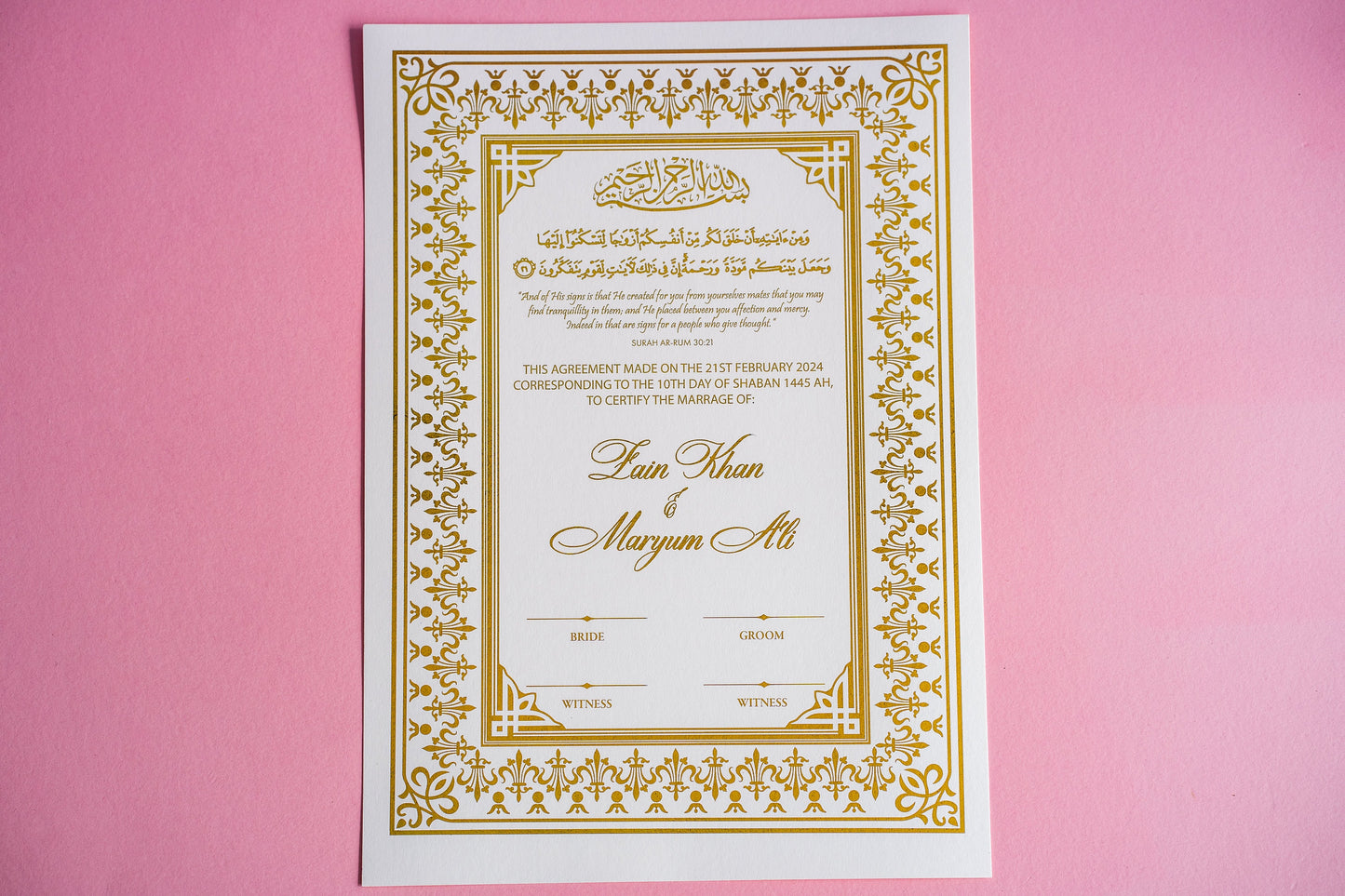 Custom Gold Foil Nikkah Wedding Certificate