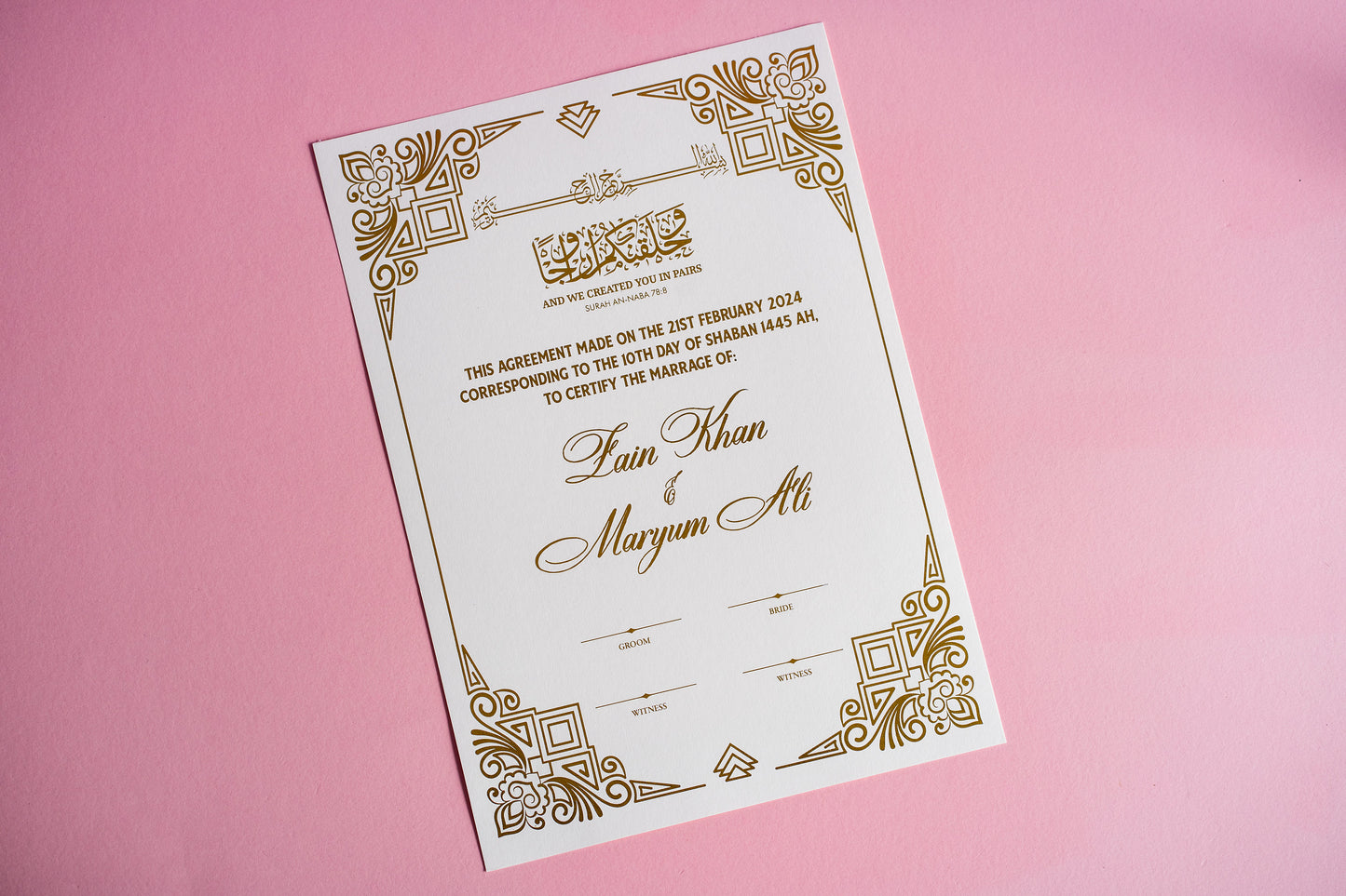 Gold Foil Nikkah Wedding Certificate