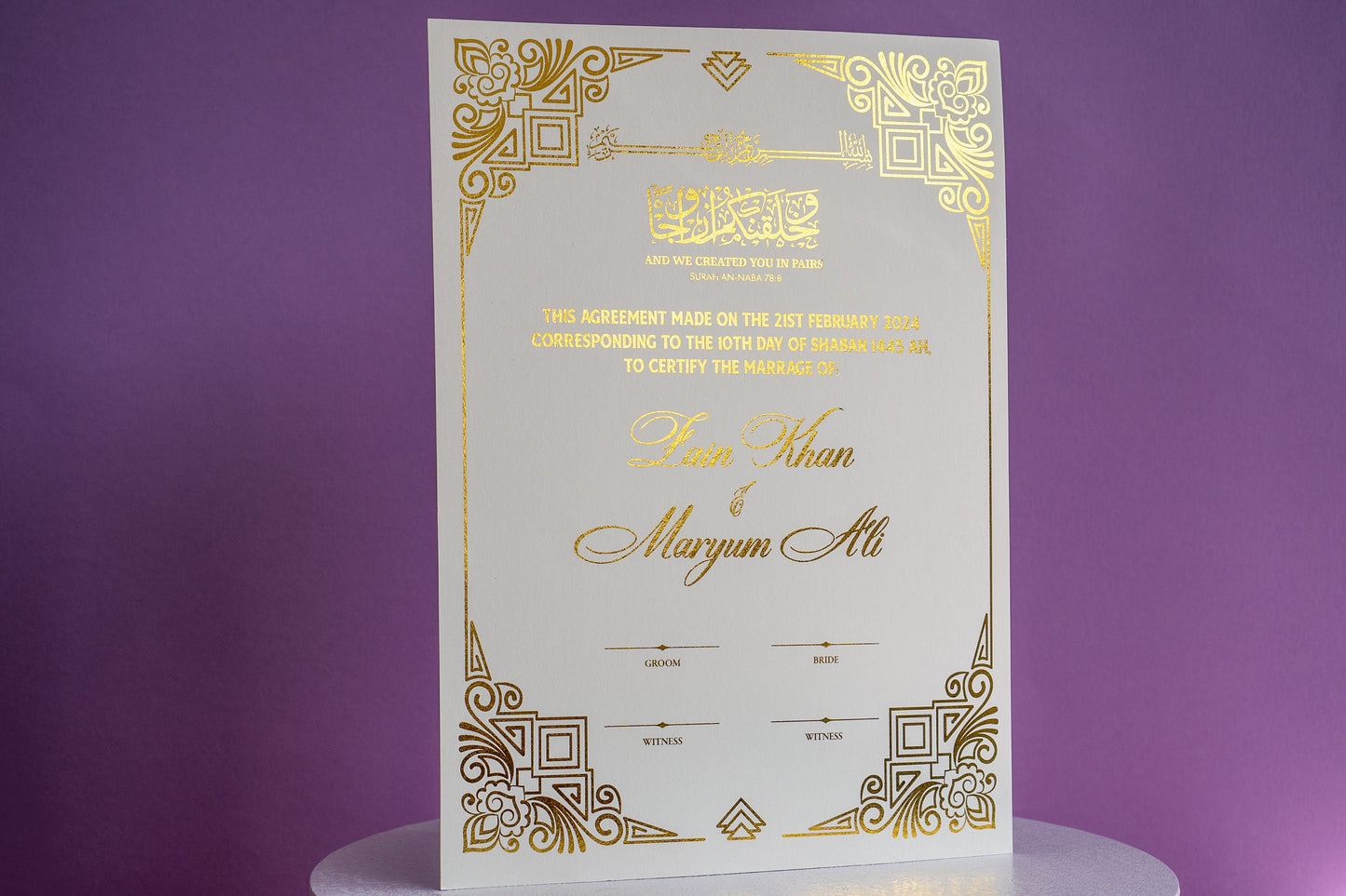 Gold Foil Nikkah Wedding Certificate