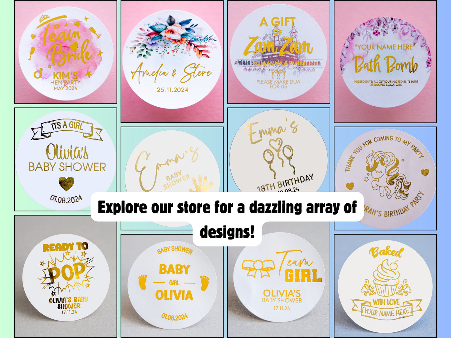 Personalised Floral Print Wedding with Metallic Foil Stickers/Foil Labels/Wedding Favour Stickers/Custom Wedding Stickers/Hen Party Stickers