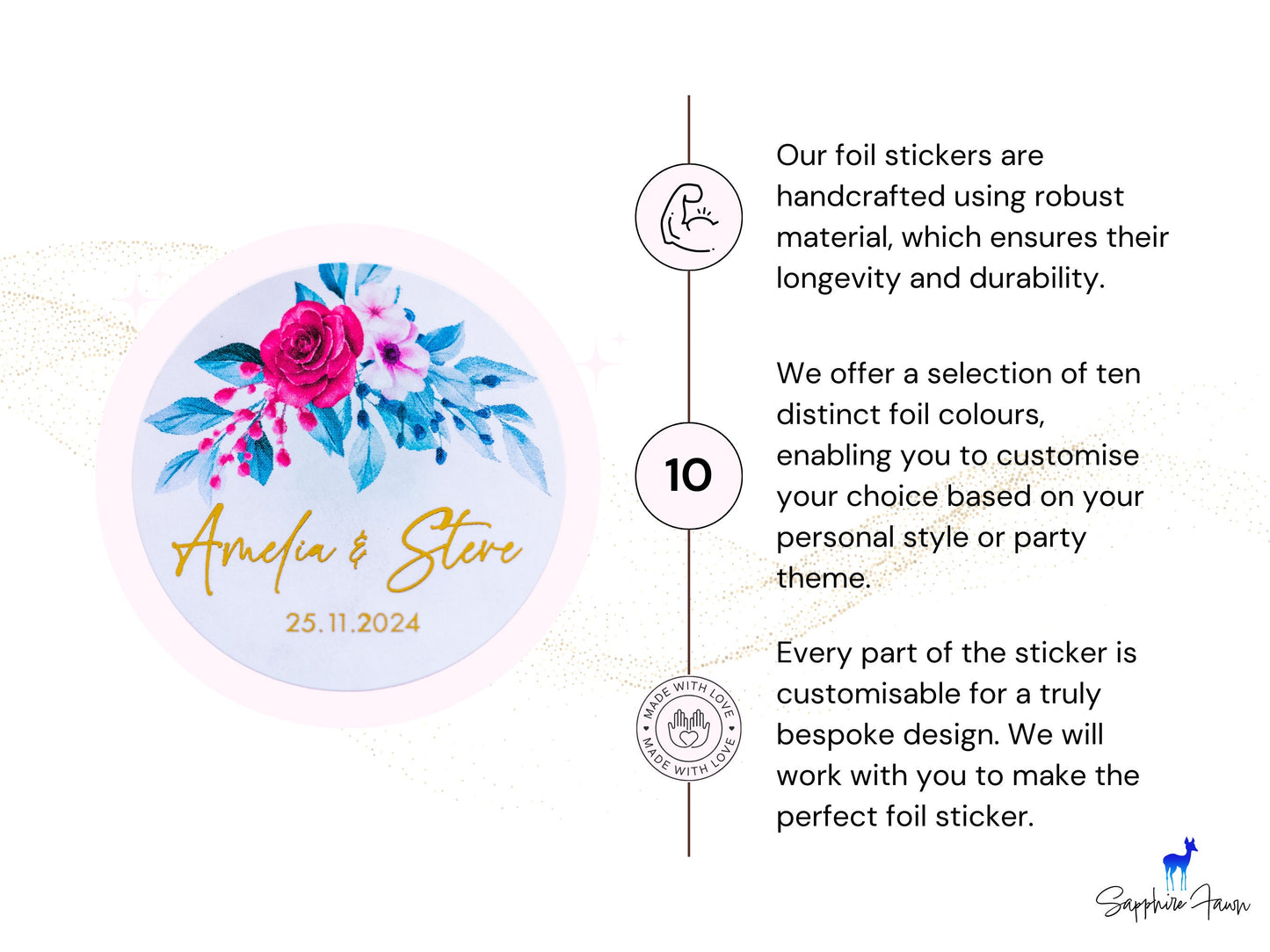 Personalised Floral Print Wedding with Metallic Foil Stickers/Foil Labels/Wedding Favour Stickers/Custom Wedding Stickers/Hen Party Stickers