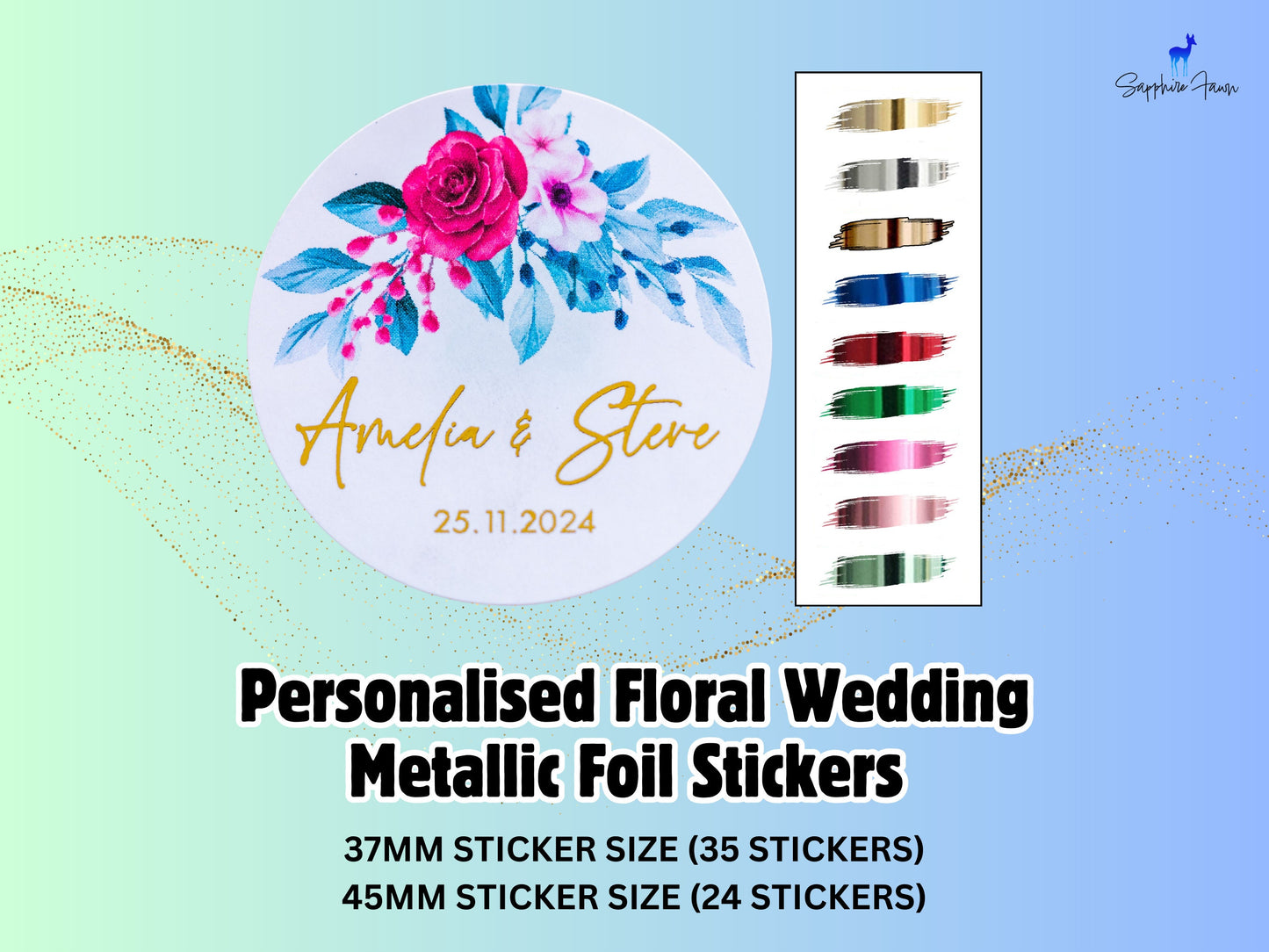 Personalised Floral Print Wedding with Metallic Foil Stickers/Foil Labels/Wedding Favour Stickers/Custom Wedding Stickers/Hen Party Stickers
