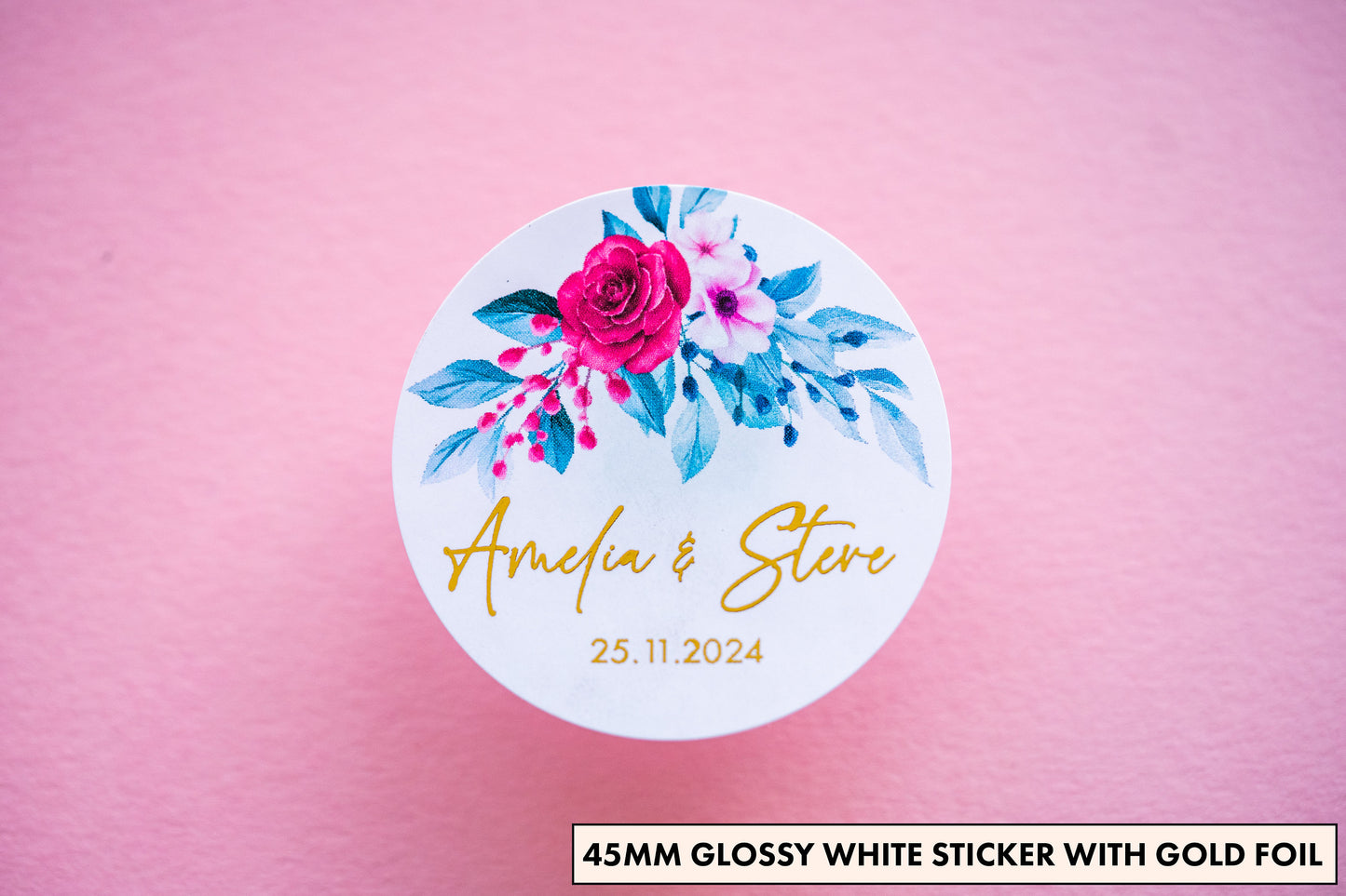 Personalised Floral Print Wedding with Metallic Foil Stickers/Foil Labels/Wedding Favour Stickers/Custom Wedding Stickers/Hen Party Stickers