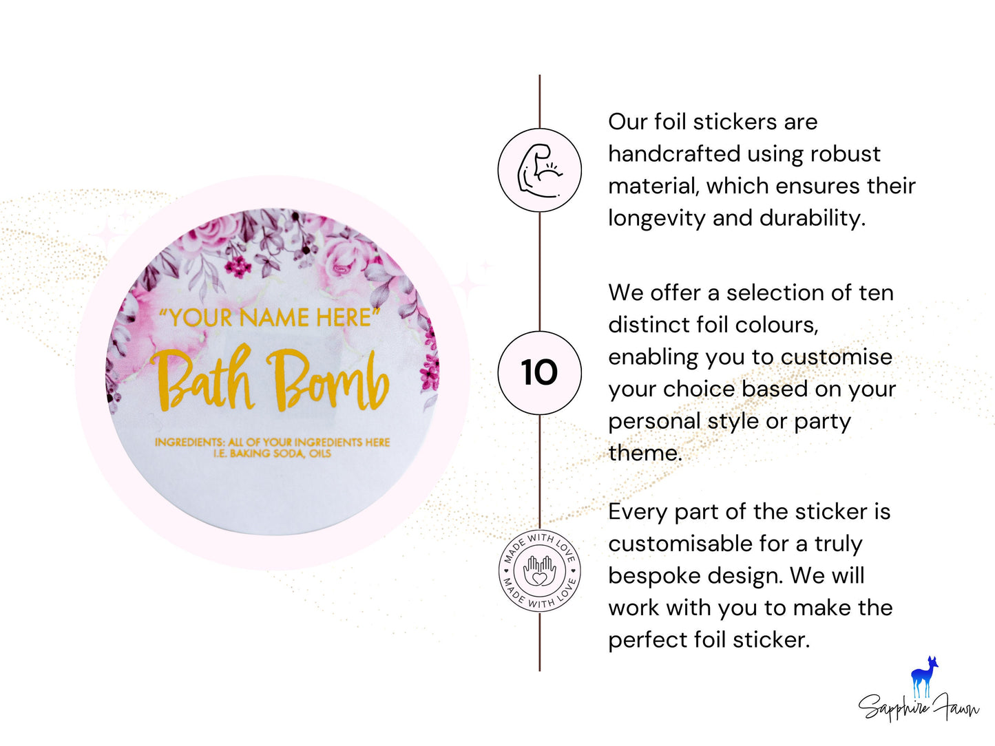 Custom Handmade Bath Bomb Metallic Foil Stickers with Floral Print/Foil Labels/Custom Business Stickers/Product Stickers/Packaging Labels