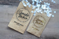 Custom "Sprinkle The Love" confetti envelopes with the words wrapped around a star border. The name and date of the happy couple sits at the bottom, you have the option to add a metallic foil for a lovely finish.