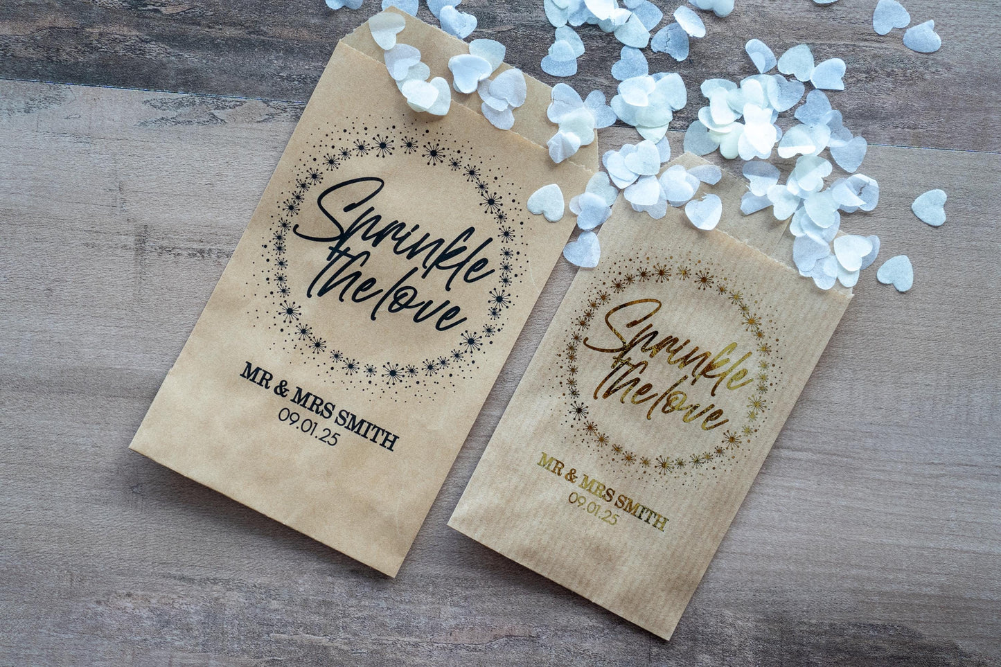 Custom "Sprinkle The Love" confetti envelopes with the words wrapped around a star border. The name and date of the happy couple sits at the bottom, you have the option to add a metallic foil for a lovely finish.