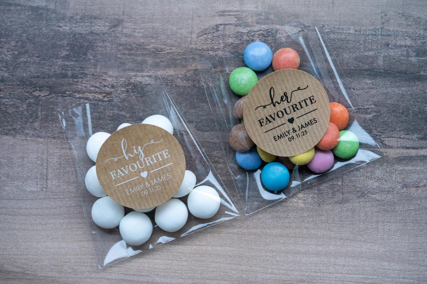 Custom brown kraft stickers in a choice of white and black ink. On the stickers are written His or Her Favourite and the name of the married couple on the bottom. The sticker is finished with the wedding date.
