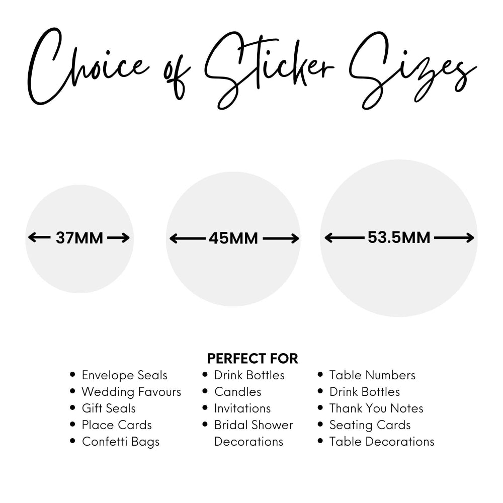Diagram showing three circular sticker sizes with measurements and uses