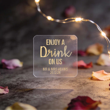 Square Foil "Enjoy a Drink On Us" Wedding Drinks Sticker