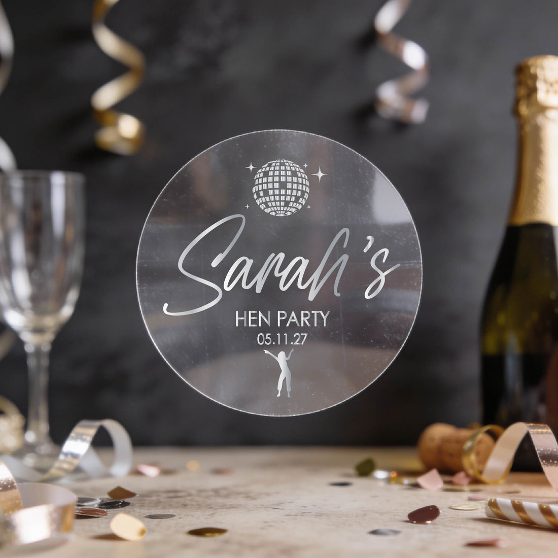 Personalised transparent sticker with 'Sarah's Hen Party' written in gold foil text. 