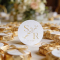 A white gloss round sticker with letters 