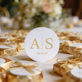 white gloss round stickers with gold foil printed monogram initials in the centre and date at the bottom