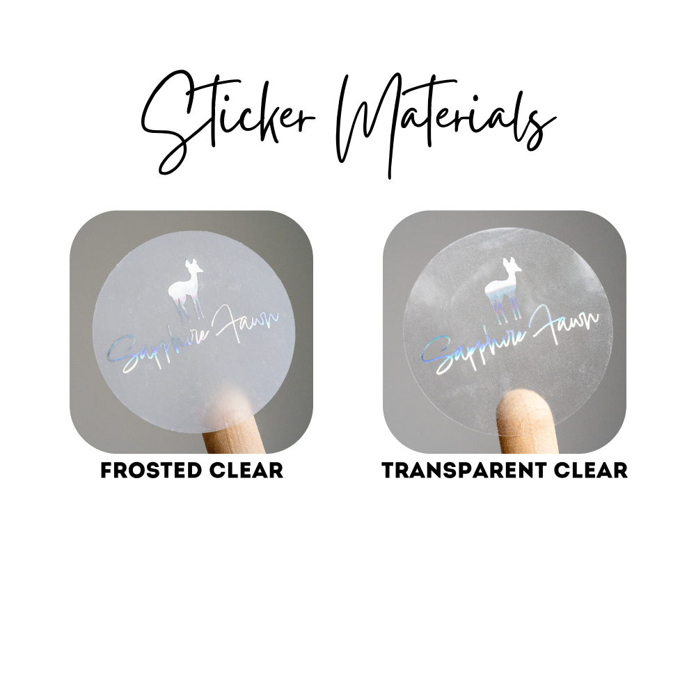 Two clear stickers labeled 'Frosted Clear' and 'Transparent Clear' with a deer design and text.