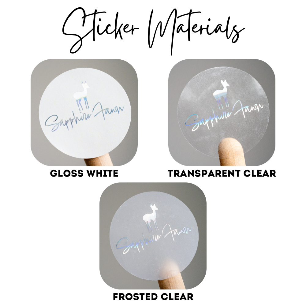 Three types of stickers labeled 'Gloss White', 'Transparent Clear', and 'Frosted Clear' held by fingers.