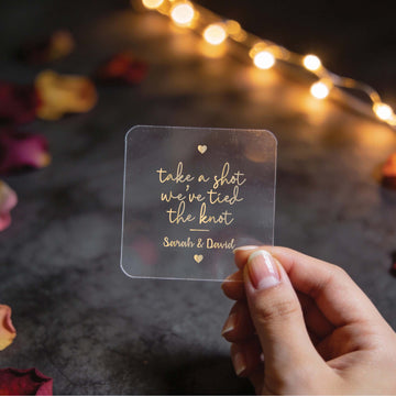 Custom Square Foil "Take A Shot We Tied The Knot" Wedding Drinks Sticker