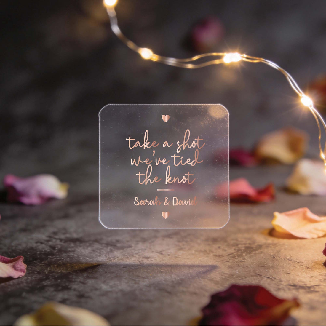 Custom Square Foil "Take A Shot We Tied The Knot" Wedding Drinks Sticker