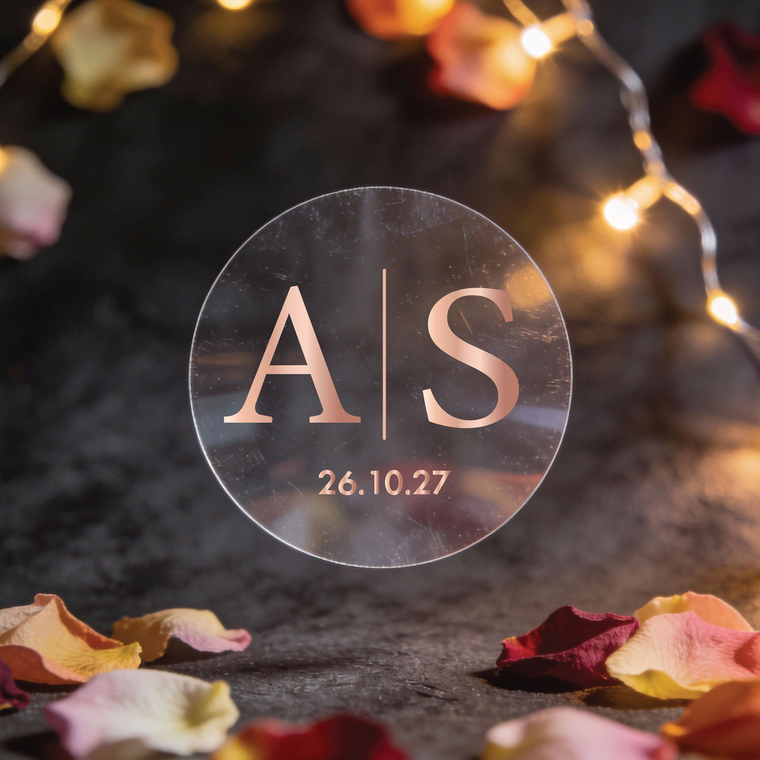 Transparent round stickers with rose gold foil printed monogram initials in the centre and date at the bottom