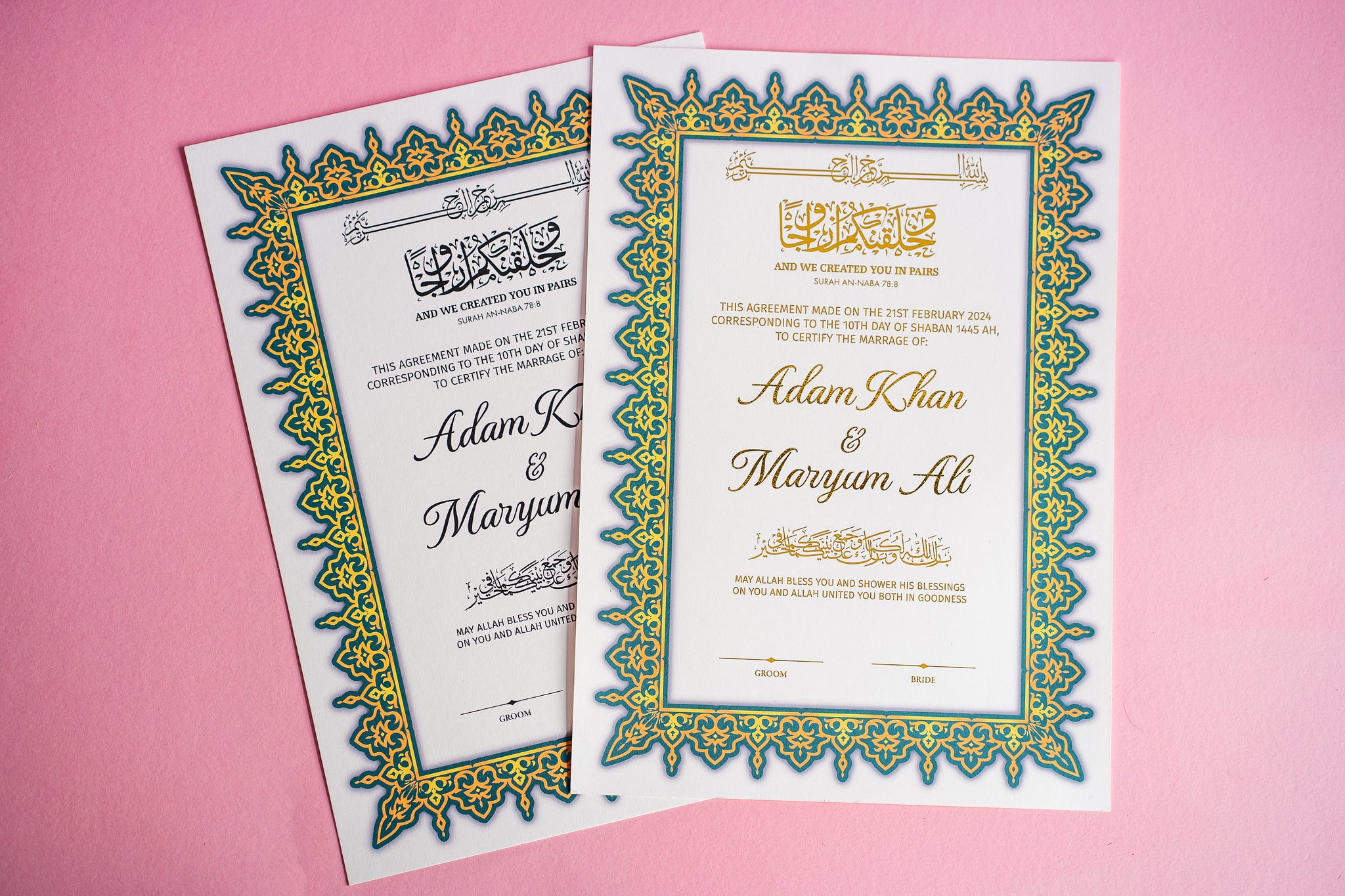 Personalised Gold Foil Nikkah Wedding Certificate