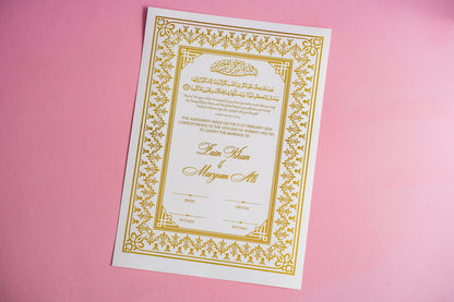 Custom Gold Foil Nikkah Wedding Certificate