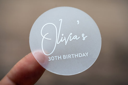 Custom White Print Round Birthday Clear Stickers