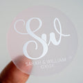 Personalised frosted clear label with 'SW' initials and 'SARAH & WILLIAM '10.10.24' text.