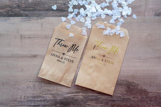 Personalised confetti envelopes with the name of the bride and groom. &quot;Throw Me&quot; written in a lovely handwritten font and the date of the wedding at the bottom of the design. These are fully customisable with the option to add metallic foil.