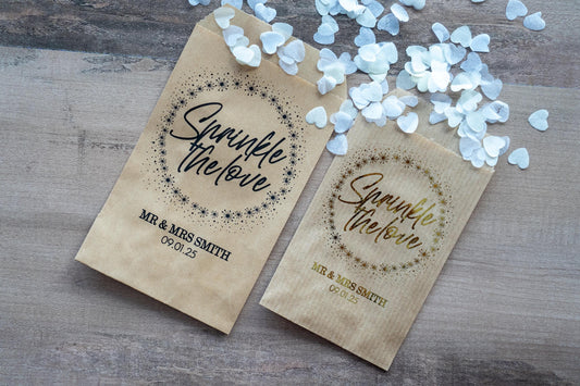 Custom &quot;Sprinkle The Love&quot; confetti envelopes with the words wrapped around a star border. The name and date of the happy couple sits at the bottom, you have the option to add a metallic foil for a lovely finish.