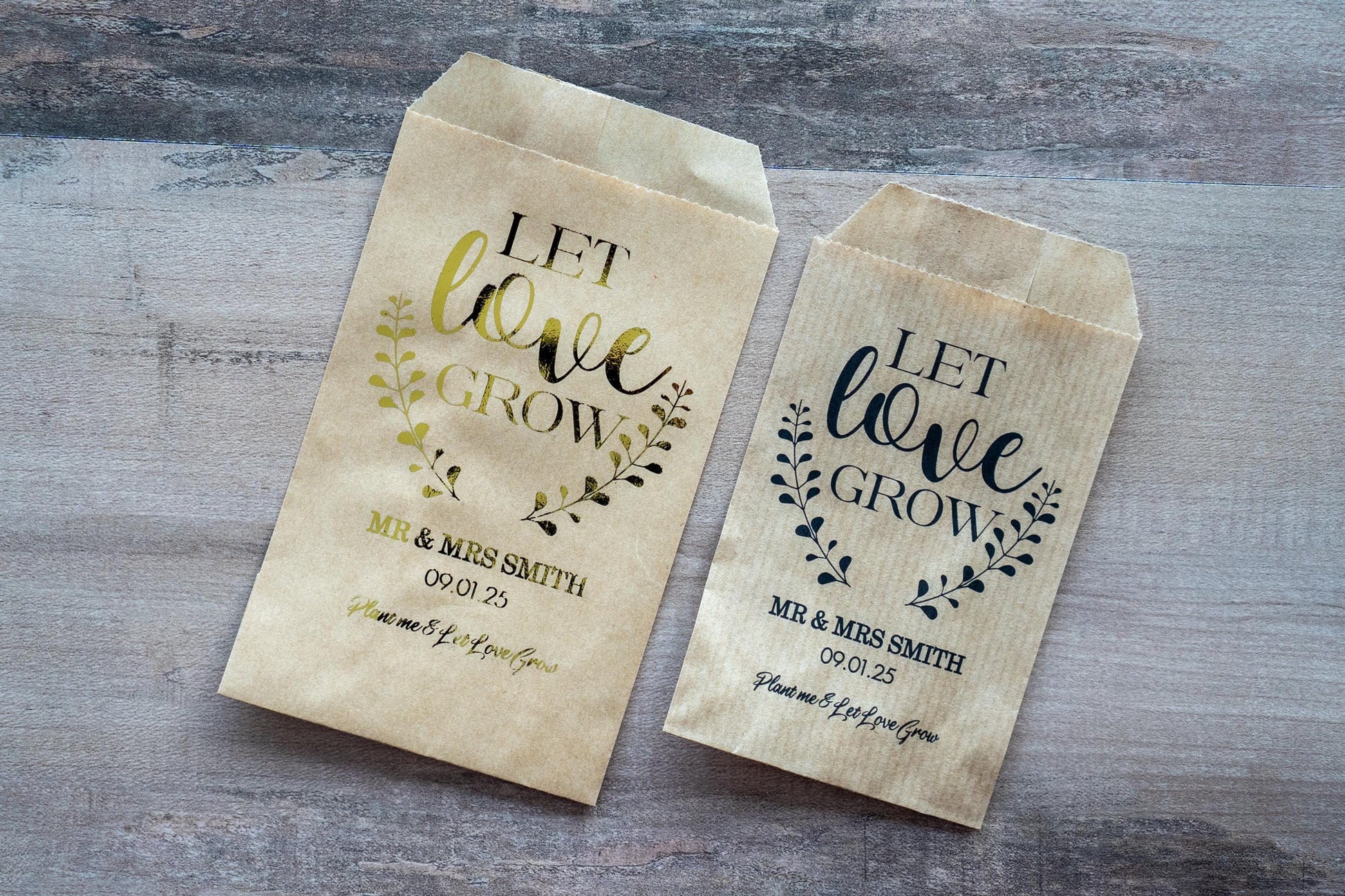 Custom wedding favour for guests to put flower seeds inside. &quot;Let love grow&quot; written on the top with a leaf frame around the words. The name and date of the happy couple sits in the middle and &quot;Plant me & Let Love Grow&quot; written on the bottom.