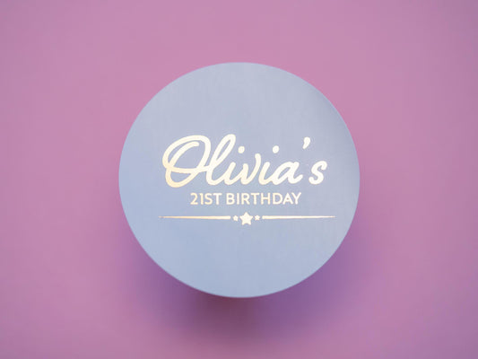 A personalised metallic foil birthday sticker with the name of the birthday person written in a lovely handwritten font. Underneath the name is the age and a line with stars in the middle of it. The entire design is adorned with metallic foil.
