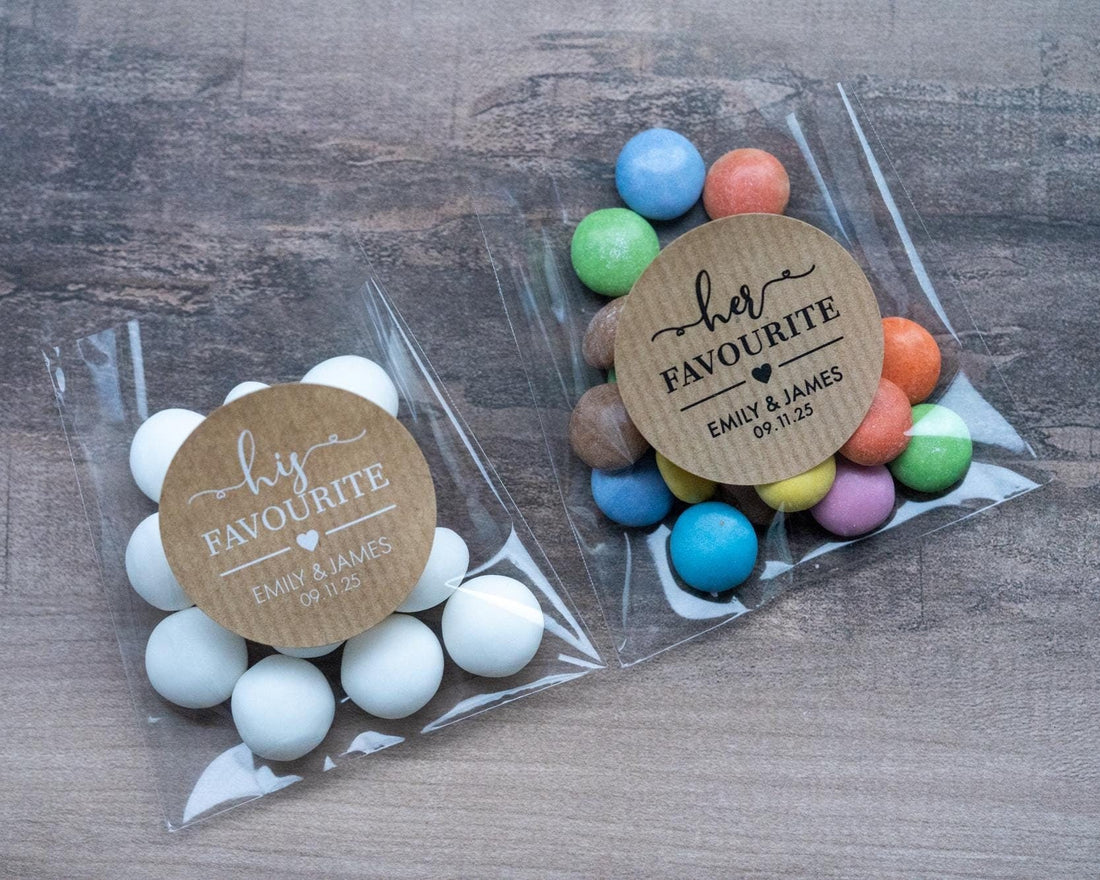 Custom brown kraft stickers in a choice of white and black ink. On the stickers are written His or Her Favourite and the name of the married couple on the bottom. The sticker is finished with the wedding date.