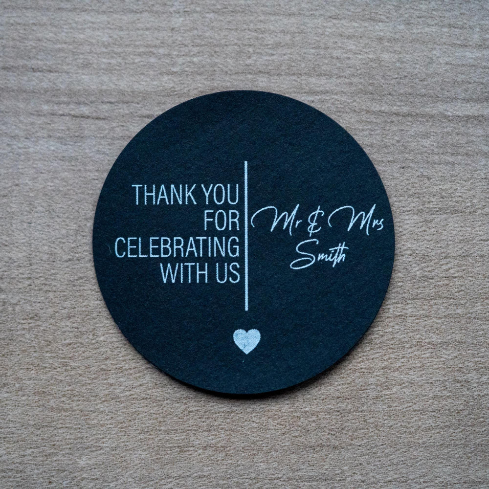 A clear plastic packaging containing white mints with a black personalised sticker on top displaying a thank you message.