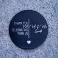 Round black sticker with white text