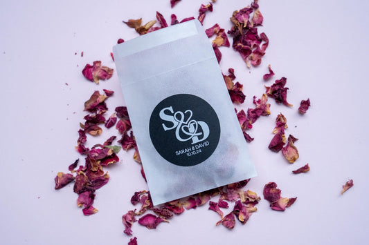 A black monogram sticker printed using white ink, the initials of the happy couple sit in the middle. The names and wedding date finish the sticker off at the bottom.