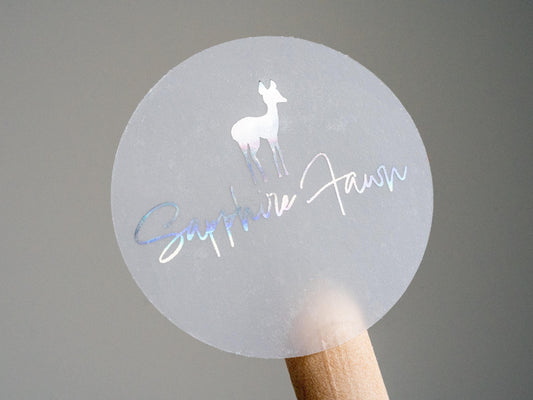 Have your business logo printed on a sticker and layered with a shiny metallic foil. Perfect for small businesses wanting to add their logo to their products.